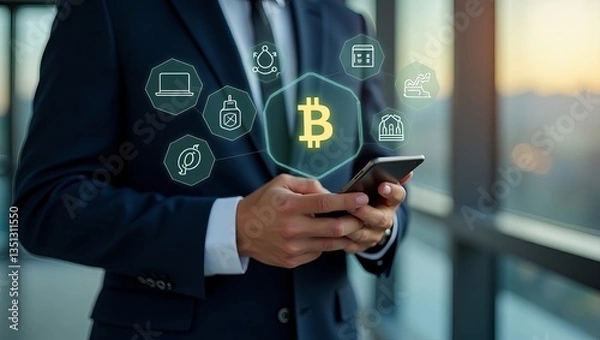 Fototapeta Businessperson Using Smartphone with Futuristic Cloud Data Icons – Modern Office Technology Concept