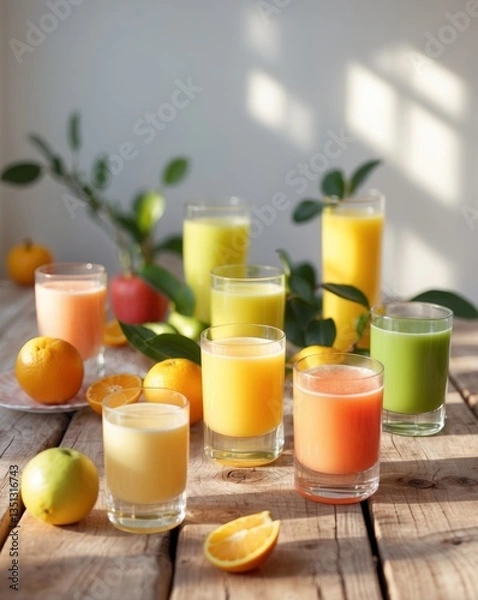 Fototapeta Colorful glasses of fruit juice with fresh fruits on wooden table.