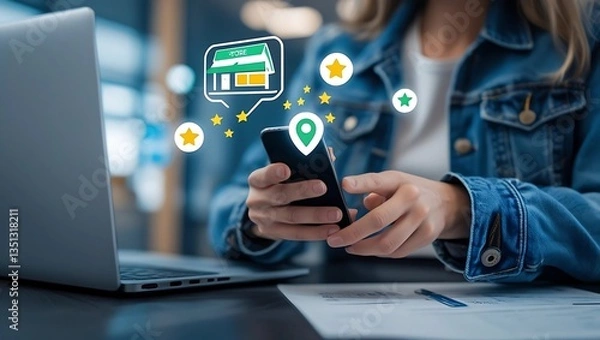 Obraz Online Business Reviews and Local Search Concept – Person Using Smartphone with Floating Store Icon, Location Pin, and Star Ratings in a Modern Workspace Setting