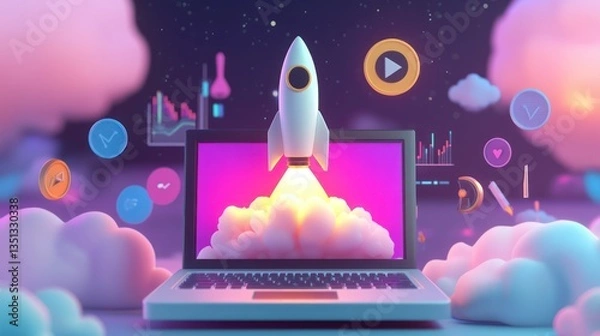 Fototapeta Laptop screen rocket launch, data growth, night sky, startup success, website banner
