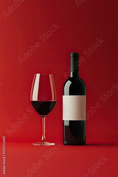 Fototapeta Bottle and glass of red wine on red background. Copy space.