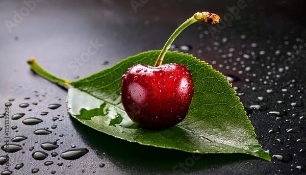 Obraz bright cherry on a green leaf with drops