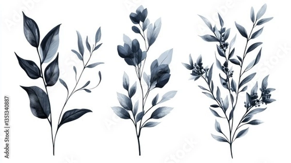 Obraz Monochromatic Botanical Artwork in Shades of Blue and Gray isolated on white background