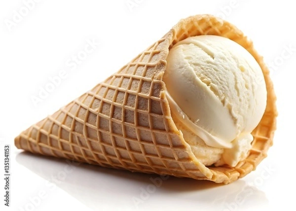 Obraz A creamy vanilla ice cream scoop nestled in a perfectly crisp waffle cone, a delightful summer treat against a bright white background.