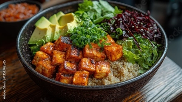 Fototapeta Colorful quinoa bowl with tofu and fresh vegetables