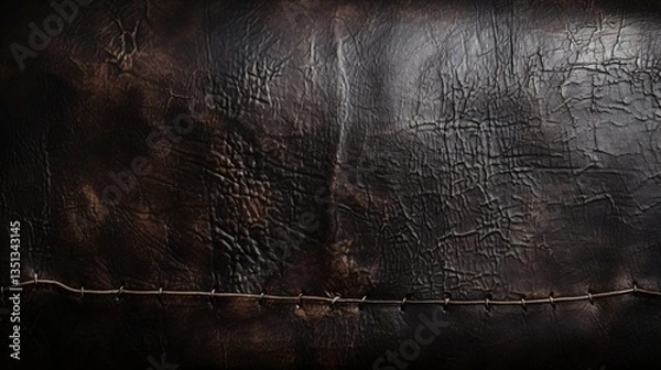 Fototapeta Dark Brown Distressed Leather Texture with Stitching