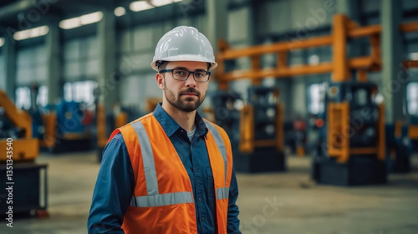 Obraz Male engineer wearing hard hat for safety working in industrial factory. Background is modern industrial factory.