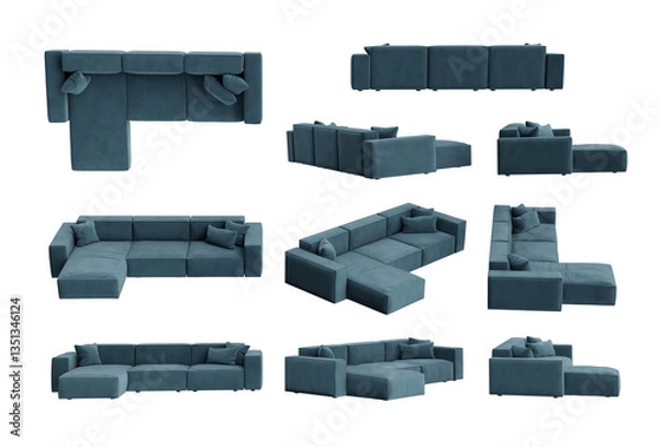 Fototapeta Blue Corner Sofa from different angle isolated on transparent background, 3d rendered illustration