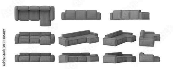 Obraz Grey Corner Sofa from different angle isolated on transparent background, 3d rendered illustration