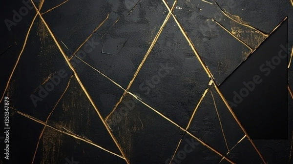 Fototapeta Abstract black textured background with gold lines.  Possible use Modern design, product mockup, presentation