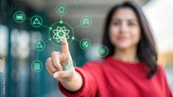 Obraz Quantum Computing Woman in red long sleeve shirt interacts with a glowing green quantum computing interface, atom symbol and network of icons