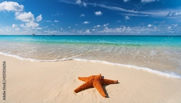 Fototapeta starfish on sandy seashore with mild waves and clear turquoise water beneath a blue sky with scattered clouds