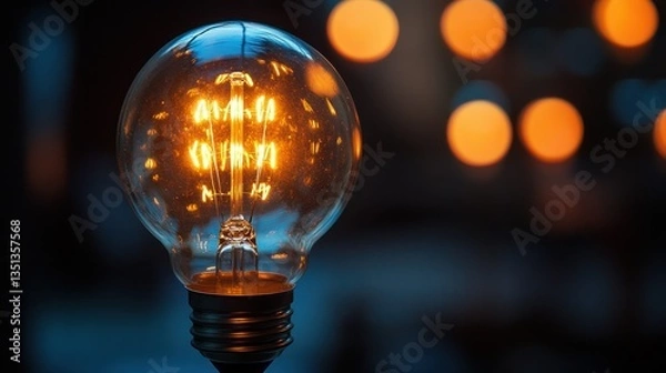Fototapeta Glowing Edison bulb, night, bokeh background, idea concept