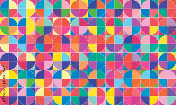 Fototapeta The vector background features colorful geometric circles and squares arranged artistically, creating a modern, dynamic, and visually appealing design for digital artwork and creative projects.

