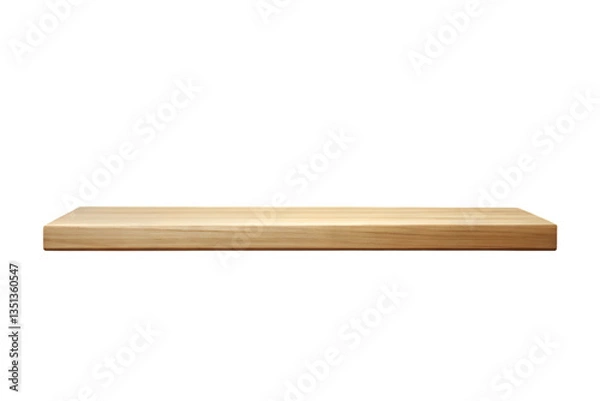 Fototapeta Wooden Shelf on Display: A single, clean wooden shelf floats in mid-air, presented against the background.