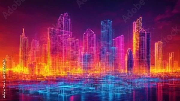 Fototapeta Neon cityscape wireframe at dusk