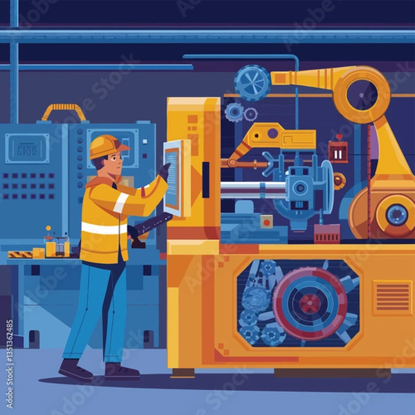 Obraz 2d vector illustration colorful machine , worker and Industry and its development technology, factories and production lines icon
