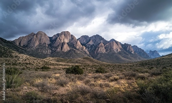 Fototapeta Majestic Cliffs of Zion National Park Under a Dramatic, Moody, Cloud Filled Sky.