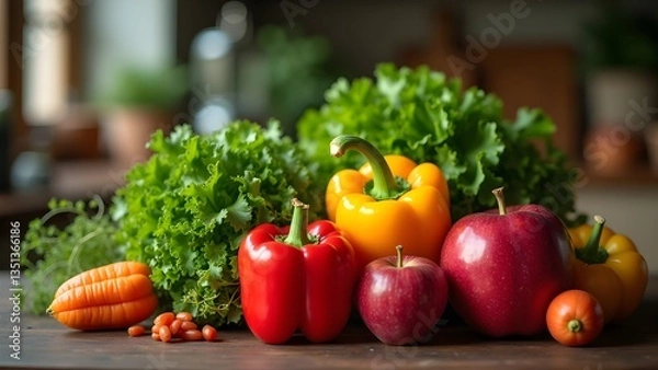 Fototapeta Fresh produce still life featuring vibrant vegetables and apples on a wooden table indoors.