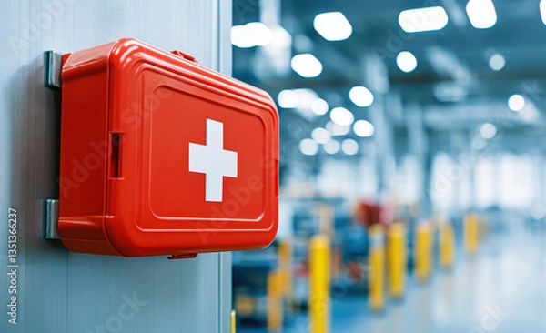 Fototapeta First aid kit in an industrial factory safety setting. Red first aid kit mounted on a wall in a brightly lit industrial setting, symbolizing safety and emergency preparedness.