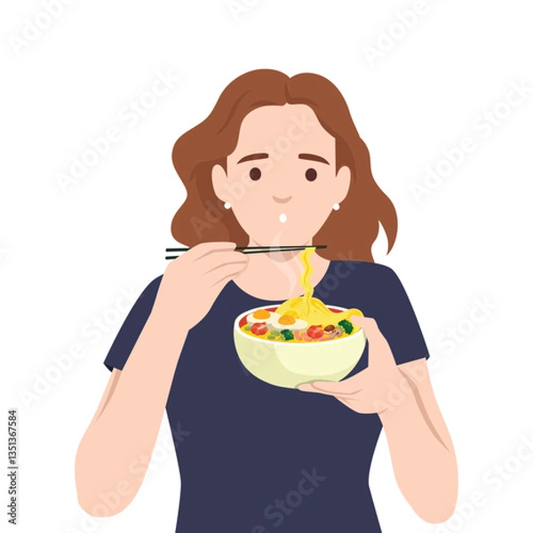 Fototapeta Woman with brown hair is happily eating a steaming bowl of ramen using chopsticks. Flat vector illustration isolated on white background