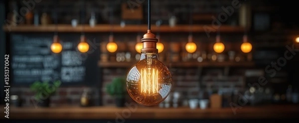 Fototapeta Edison bulb glows in cafe, bar backdrop