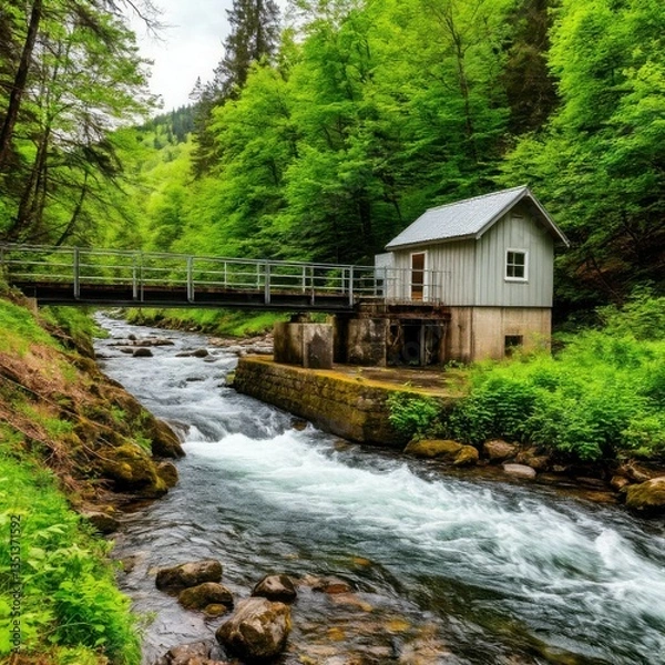 Obraz Small hydroelectric plant on a stream surrounded by nature. Generated AI