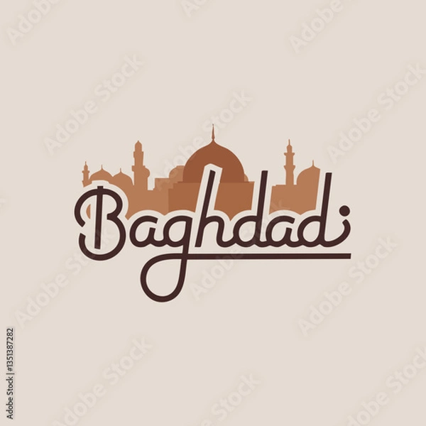 Obraz Baghdad skyline silhouette illustration with elegant script font, cityscape design element perfect for travel, culture, and logo applications.