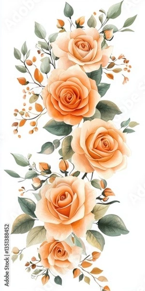 Fototapeta Beautiful arrangement of soft peach roses with green foliage and orange accents on a white background