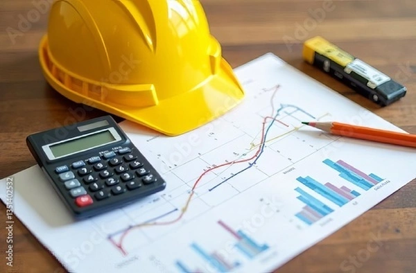 Fototapeta construction helmet, drawings are on the table, the concept for the builder's day