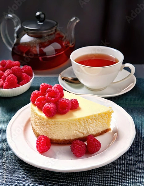 Fototapeta A piece of cheesecake with raspberries with tea