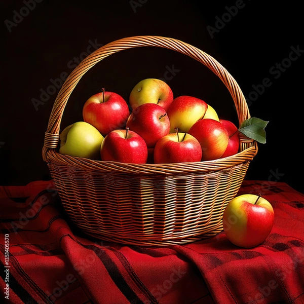 Fototapeta Apples in a basket isolated over red and black tablecloth