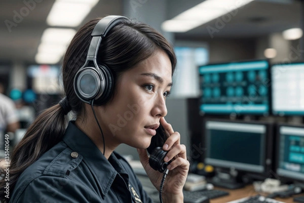 Obraz Face of Asian female police officer in a call center 911 operator talking on the phone in a busy police office environment