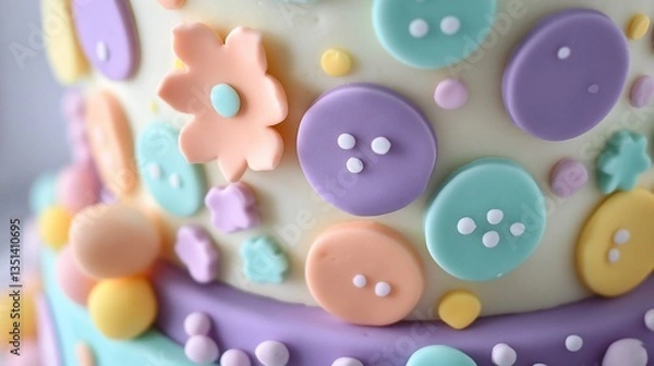 Fototapeta Close-up view of a festive cake decorated with pastel-colored fondant shapes and dots