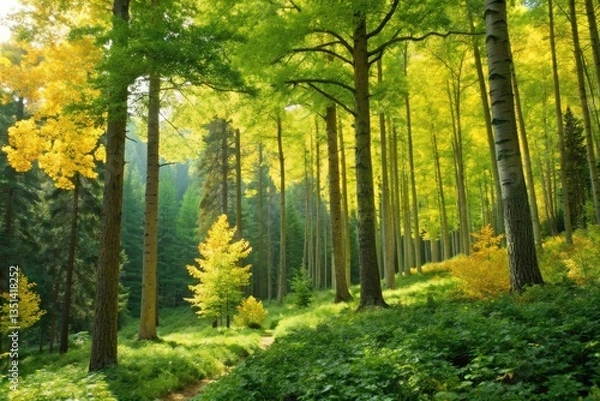 Fototapeta Beautiful Forest Path Surrounded by Vibrant Trees in Autumn Generative AI