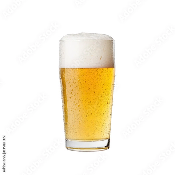 Fototapeta Frosty pint of golden beer with a thick foamy head condensation dripping down the glass isolated on a transparent background 