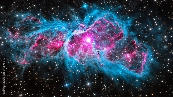 Fototapeta A vibrant nebula shining brightly with stars in dark space