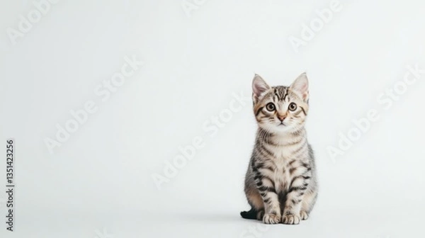 Fototapeta Beautiful American Shorthair cat is sitting on a white background. Looking forward. The cat's eyes are wide open, giving it a curious and alert appearance . Copy space 