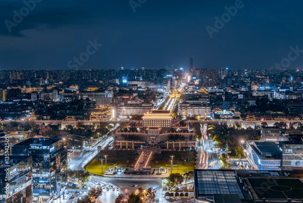 Obraz High Angle Night View of Yongning Gate City Wall in Xi'an,  Shaanxi Province, China
