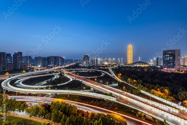 Obraz Night view of CBD and overpass in Zhengdong New District, Zhengzhou, Henan, China