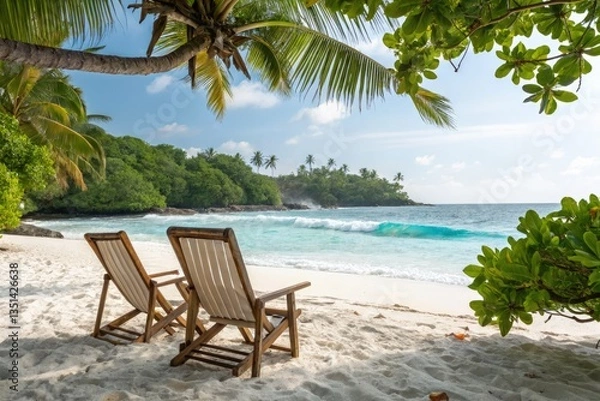 Fototapeta Relaxing Beach Chairs Under Palm Trees by the Ocean Shore Generative AI