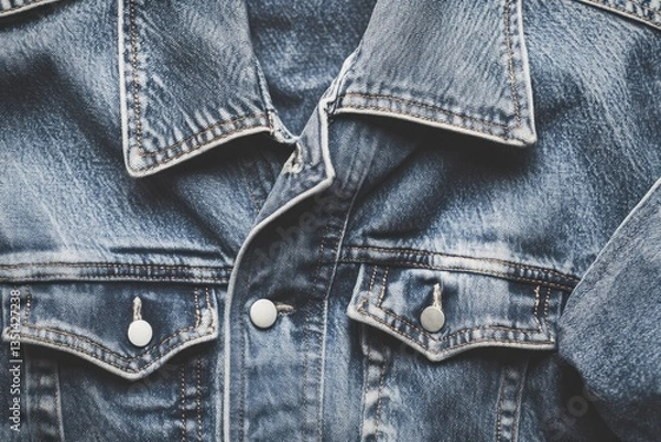 Fototapeta close-up photo of vintage denim jacket buttoned up capturing texture and details of fabric