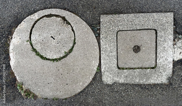 Fototapeta White and gray concrete sewer hatch on the asphalt road in the city