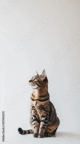 Fototapeta Beautiful Bengal cat is sitting on a white background. Looking forward. The cat's eyes are wide open, giving it a curious and alert appearance . Copy space . 