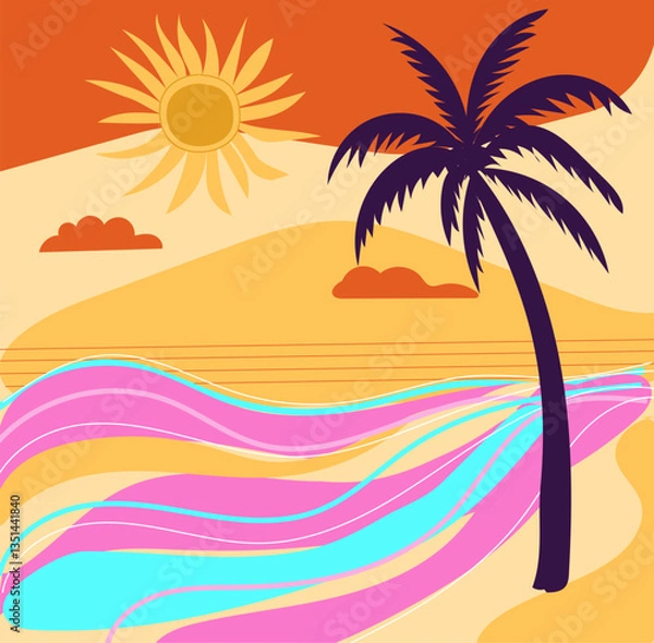 Fototapeta Groovy style illustration summer beach sunshine and palm, bright hippie style flat vector for posters