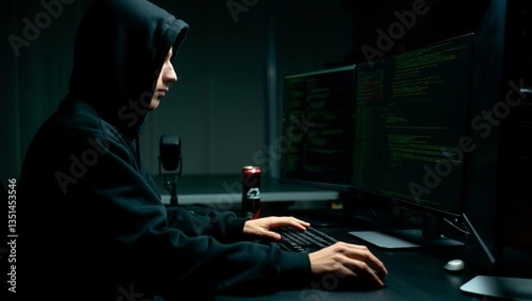 Fototapeta Side profile of hooded person in dark room working on computer displaying green code. Energy drink can visible on desk. Dramatic lighting highlights facial profile against screen glow.