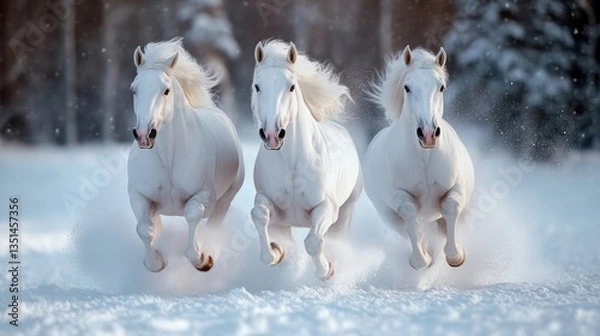 Obraz Three white horses gallop across a snowy winter landscape