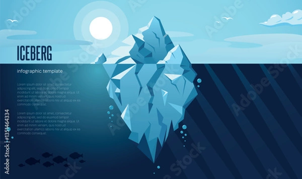 Fototapeta Iceberg infographic presentation slide template with steps For business analysis strategy planner Big blue iceberg in a calm ocean water. Illustration of visible and hidden parts of iceberg