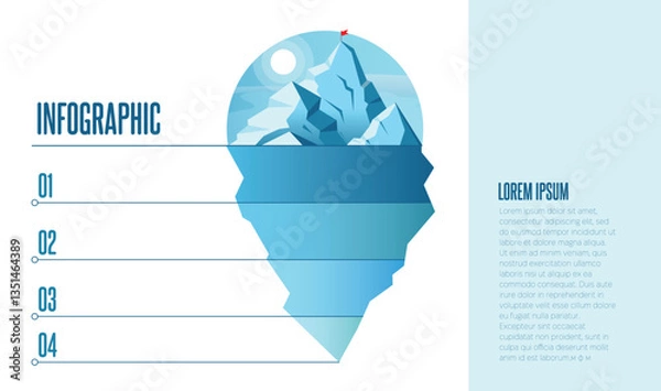 Fototapeta Iceberg infographic presentation slide template with steps For business analysis strategy planner Big blue iceberg in calm ocean water. Illustration of visible and hidden parts of iceberg