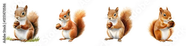 Fototapeta "Four Cute Squirrels Holding Acorns in Various Poses and Expressions"
